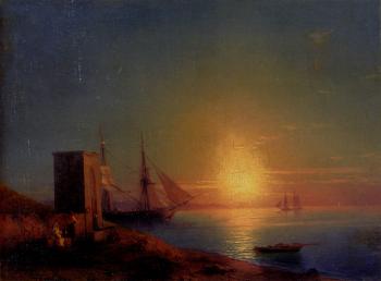Ivan Constantinovich Aivazovsky : Figures In A Coastal Landscape At Sunset